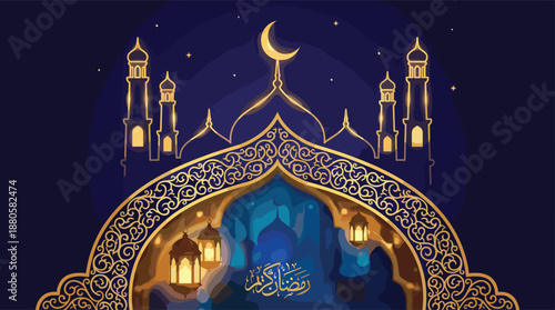 Ramadan Kareem mosque illustration, crescent moon and lanterns, ornate Islamic arch, golden night design, festive sky, holy month celebration artwork