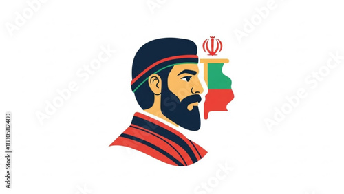 Illustration of a man with a beard and turban next to the iranian flag symbol