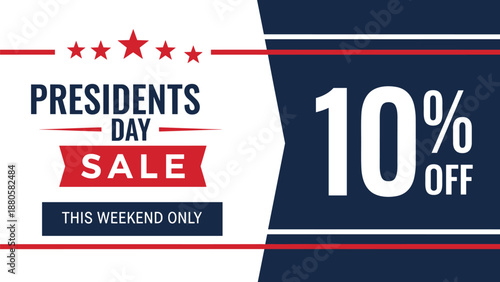 Presidents Day sale ad, 10% off promotion, patriotic stars and stripes, red white blue theme, flat vector illustration