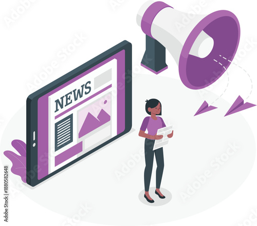 Woman holding newspaper standing next to a large screen displaying news with a megaphone nearby illustrating news broadcast