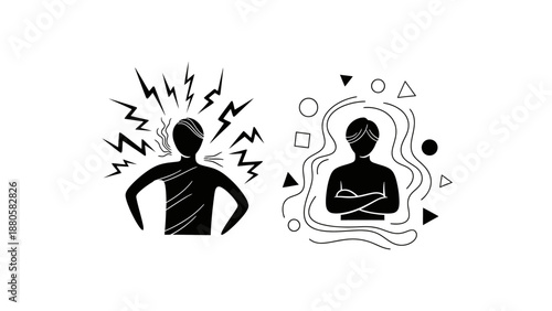 Illustration of human body experiencing pain and discomfort with abstract shapes and lines surrounding the figures