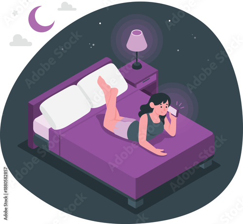 Woman relaxing on a purple bed at night with a phone under the moonlight