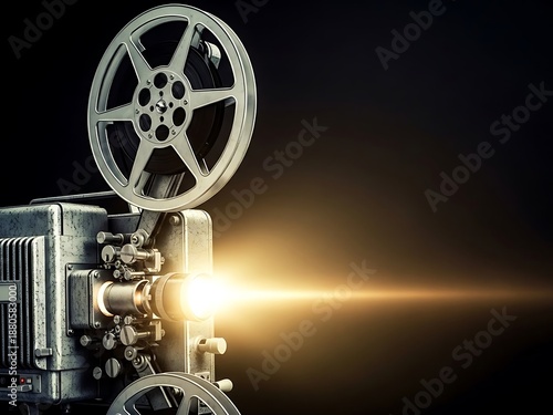 Classic movie projector shining brightly in the dark