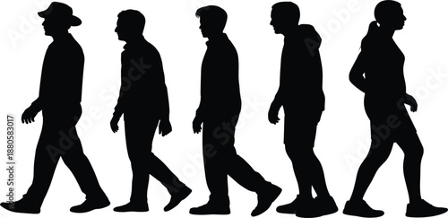 Silhouettes of people walking in a row, pedestrian group icons for urban lifestyle design