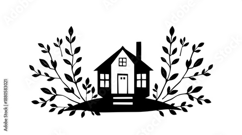 White background with a prominent black silhouette of a home, illustrated in a paper craft style with clean geometric lines and shapes, surrounded by artistic foliage featuring stylized leaves and bra