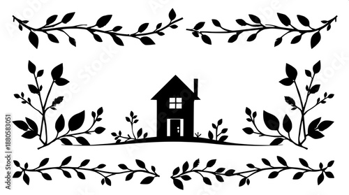 White background with a prominent black silhouette of a home, illustrated in a paper craft style with clean geometric lines and shapes, surrounded by artistic foliage featuring stylized leaves and bra
