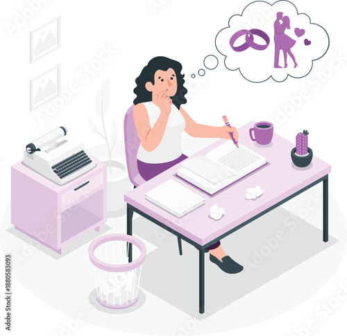 Woman sitting at desk, contemplating wedding planning with thought bubble, surrounded by office supplies