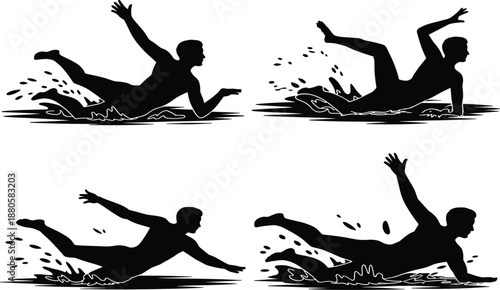 Athlete sliding silhouette set, dynamic sports movement icons for high energy physical action design