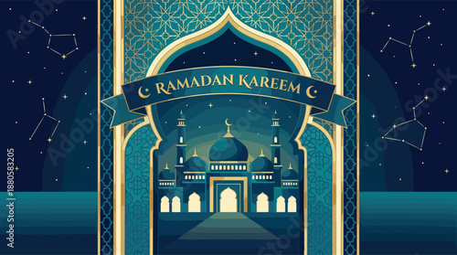Ramadan Kareem mosque illustration, crescent moon and stars, ornate Islamic arch, golden teal design, festive night sky, holy month celebration artwork