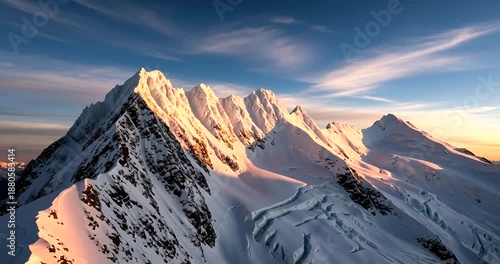 Snowy Mountain Peaks at Sunset Time.