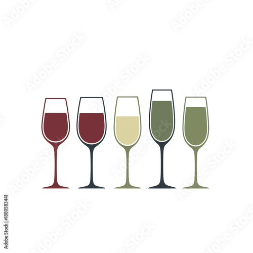A selection of wine glasses filled with red, white, and green beverages isolated on a transparent background.