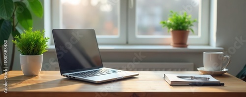 Wallpaper Mural A sleek home office setup with a laptop, notebook, and plant on a wooden desk, ideal for remote work or freelancing, professional, telecommuting Torontodigital.ca