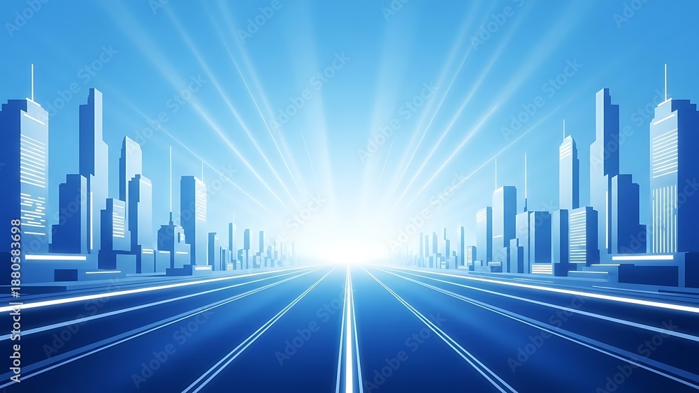 Fototapeta premium Futuristic cityscape with bright light in the distance