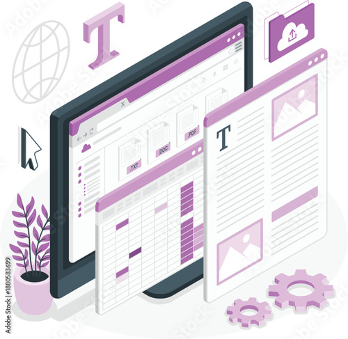 Computer screens displaying website templates with various design elements and icons in a modern digital workspace view