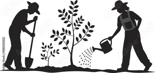 Gardeners planting and watering tree silhouette set, environmental sustainability icons for community nature design