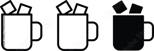 A set of three black and white coffee cups with ice cubes