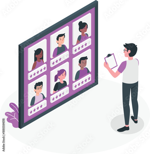 Man standing beside large screen displaying diverse group of people during video conference call