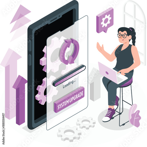 Woman working on laptop with system update screen on large smartphone nearby indicating progress and technology advancements