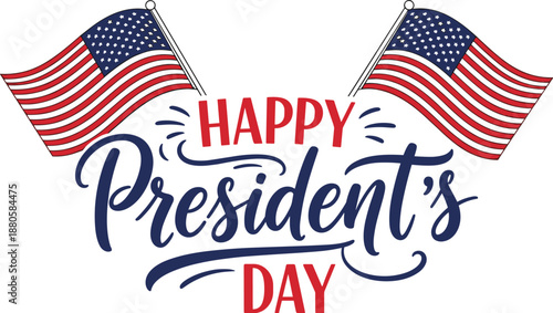 Happy President's Day celebration poster, crossed American flags, patriotic red white blue theme, USA holiday design, flat vector illustration