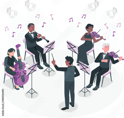 Conductor leads orchestra in harmonious musical performance with diverse musicians