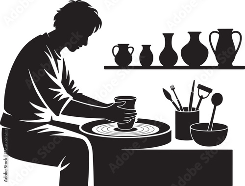 Silhouette of a potter shaping clay on a spinning wheel with tools and finished pots