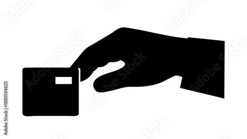 Black Silhouette Vector Icon of a Hand Inserting a Credit Card into an ATM or Payment Terminal Isolated on White Background
