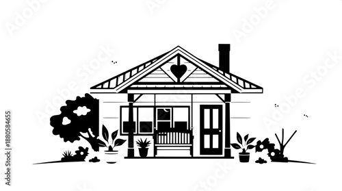 Flat stencil illustration of a cozy house with a front view, featuring a rustic porch with a swing, surrounded by potted plants and lush green trees in the background, rendered in bold black shapes wi