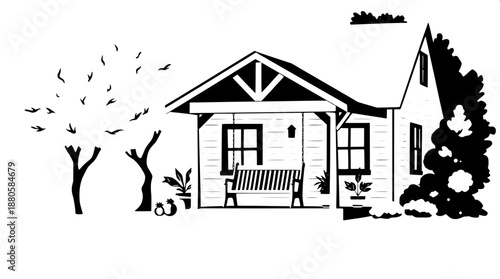 Flat stencil illustration of a cozy house with a front view, featuring a rustic porch with a swing, surrounded by potted plants and lush green trees in the background, rendered in bold black shapes wi