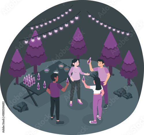 Group of people gathered around a table under string lights in a forest at night