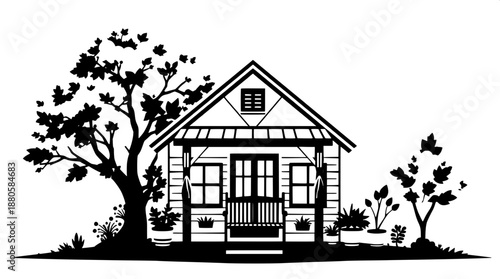 Flat stencil illustration of a cozy house with a front view, featuring a rustic porch with a swing, surrounded by potted plants and lush green trees in the background, rendered in bold black shapes wi