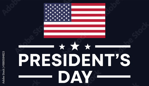 President's Day patriotic banner, USA flag and stars, bold white typography, dark blue background, flat vector illustration