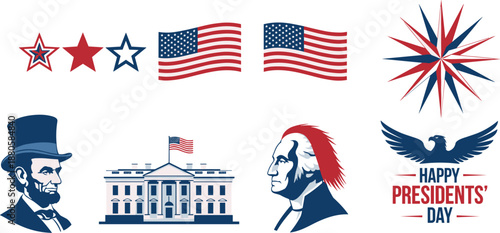 Presidents Day patriotic collage, USA symbols and leaders, American flag theme, red white blue design, flat vector illustration