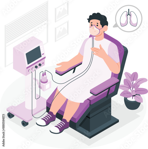 Man undergoing spirometry test in a medical facility with a technician nearby and a plant in the background