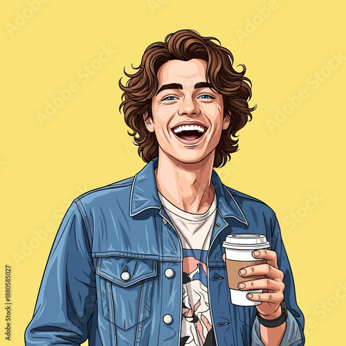 Young Man Drinking Coffee with Big Smile.