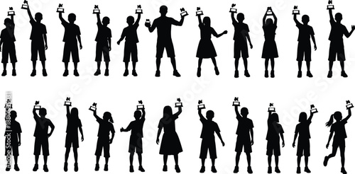 Children silhouettes holding trophies celebrating school competition victory happy kids award ceremony isolated black vector illustration set for education