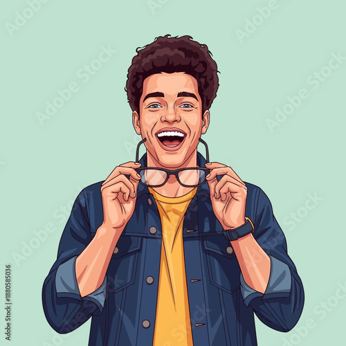 Young Man Removing Glasses with Surprised Expression.