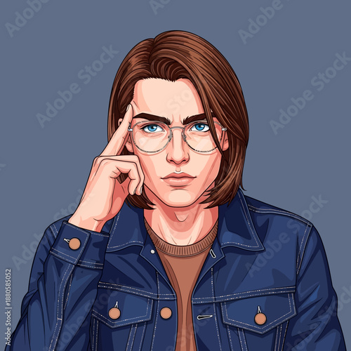 Young Man Thinking Deeply with Glasses.