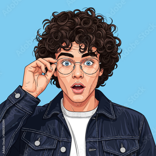 Young Man Wearing Glasses Adjusting Eyewear.