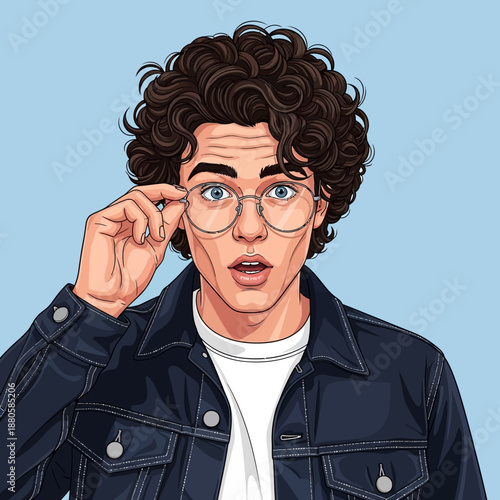 Young Man Wearing Glasses and Denim Jacket.