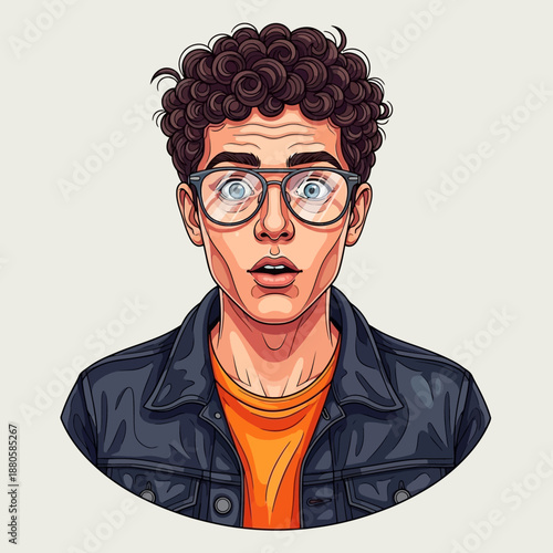 Young Man with Curly Hair and Glasses.