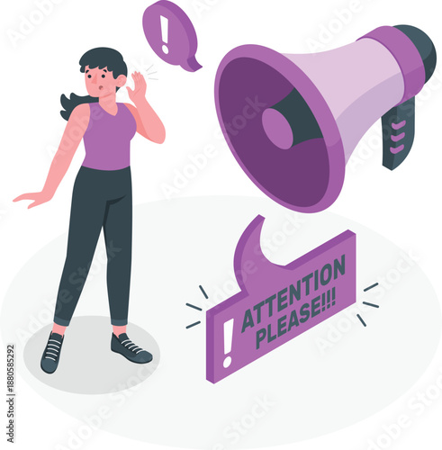Woman standing with megaphone and speech bubble conveying message loudly in a public setting
