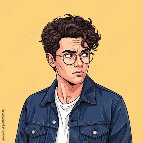 Young Man with Glasses and Denim Jacket.