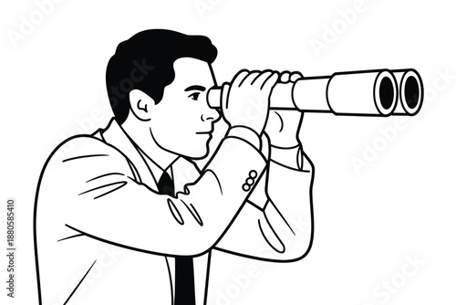 A man in a suit looks through a pair of binoculars intently