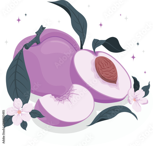 A ripe peach cut open revealing its pit surrounded by leaves and flowers in a serene illustration