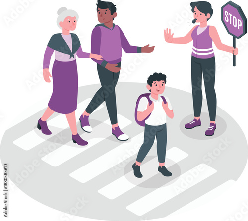 Diverse group of people, including a child and elderly woman, crossing the road safely with a traffic controller holding a stop sign