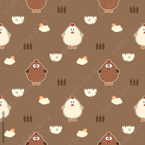 Baby chicks cartoon so cute. On eggshell fence sun cloud brown background. Pattern seamless vector illustration. 
