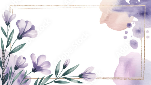 Purple watercolor floral frame with gold border, Elegant lavender flower background for wedding invitation, Abstract violet botanical border with gold glitter line, Hand painted purple floral 
