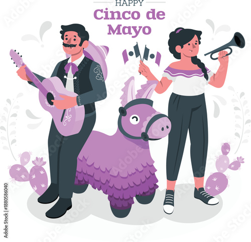 Vibrant celebration of Cinco de Mayo with lively musicians and festive llama in joyful outdoor setting