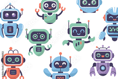 A colorful illustration of various cartoon robots with smiling faces and playful designs