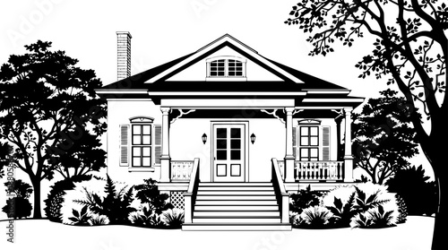 Classic home silhouette vector art, rendered in black on a clean white background, featuring a prominent porch with intricately designed steps, detailed window frames and shutters, surrounded by lush 